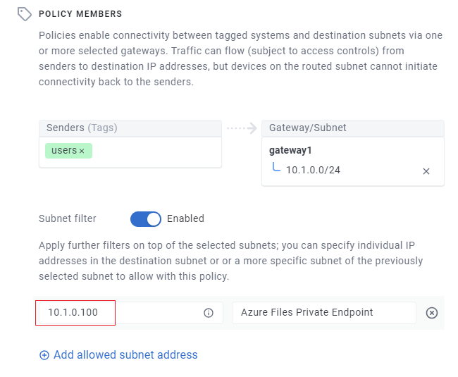 Adding subnet filter to the private endpoint