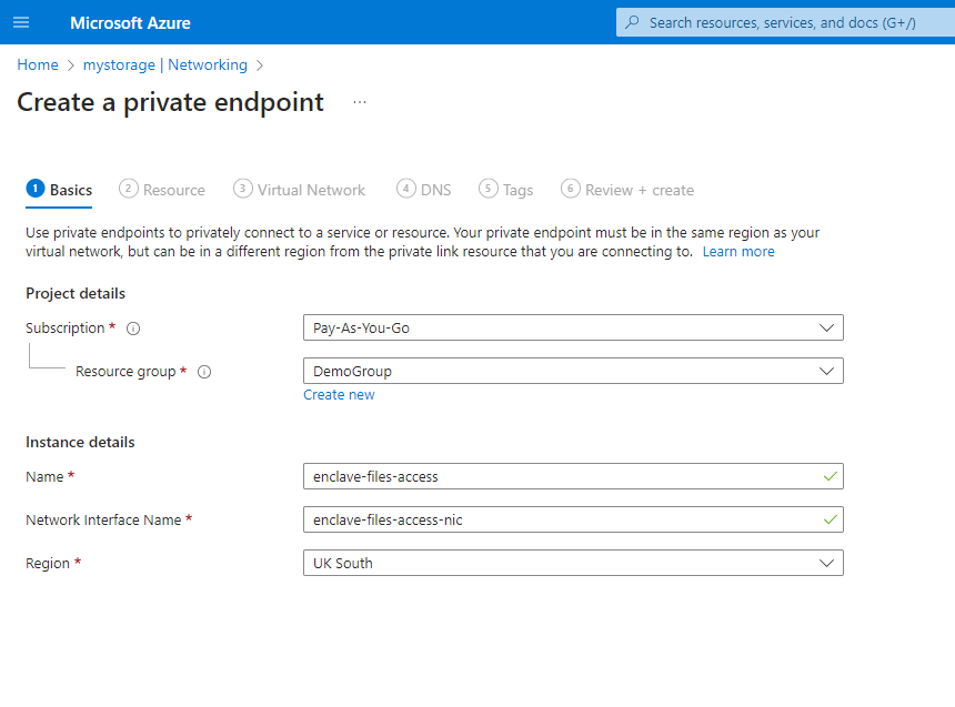 Azure Files Private Endpoint Basic Settings