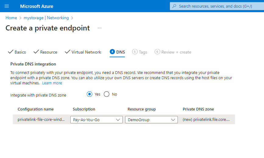 Azure Files Private Endpoint DNS Settings