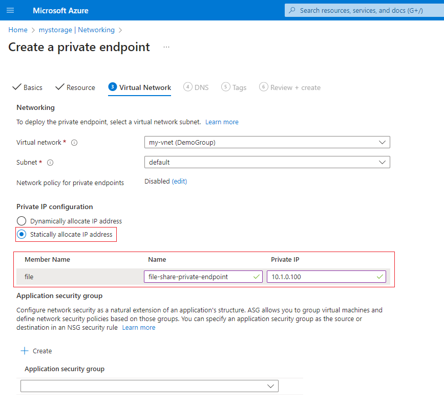 Azure Files Private Endpoint Network Settings