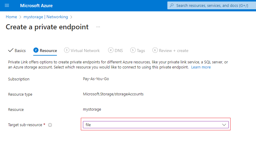 Azure Files Private Endpoint Resource Settings