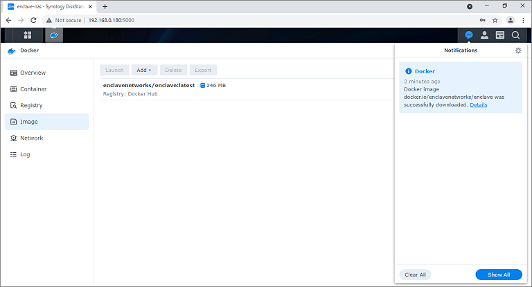 Wait for you Synology NAS to complete the docker pull command