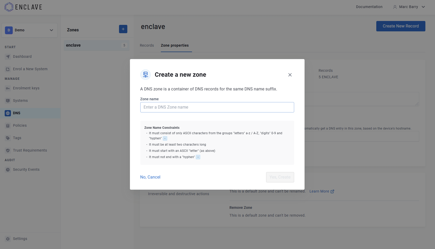 Creating a DNS zone and record in the Enclave Portal