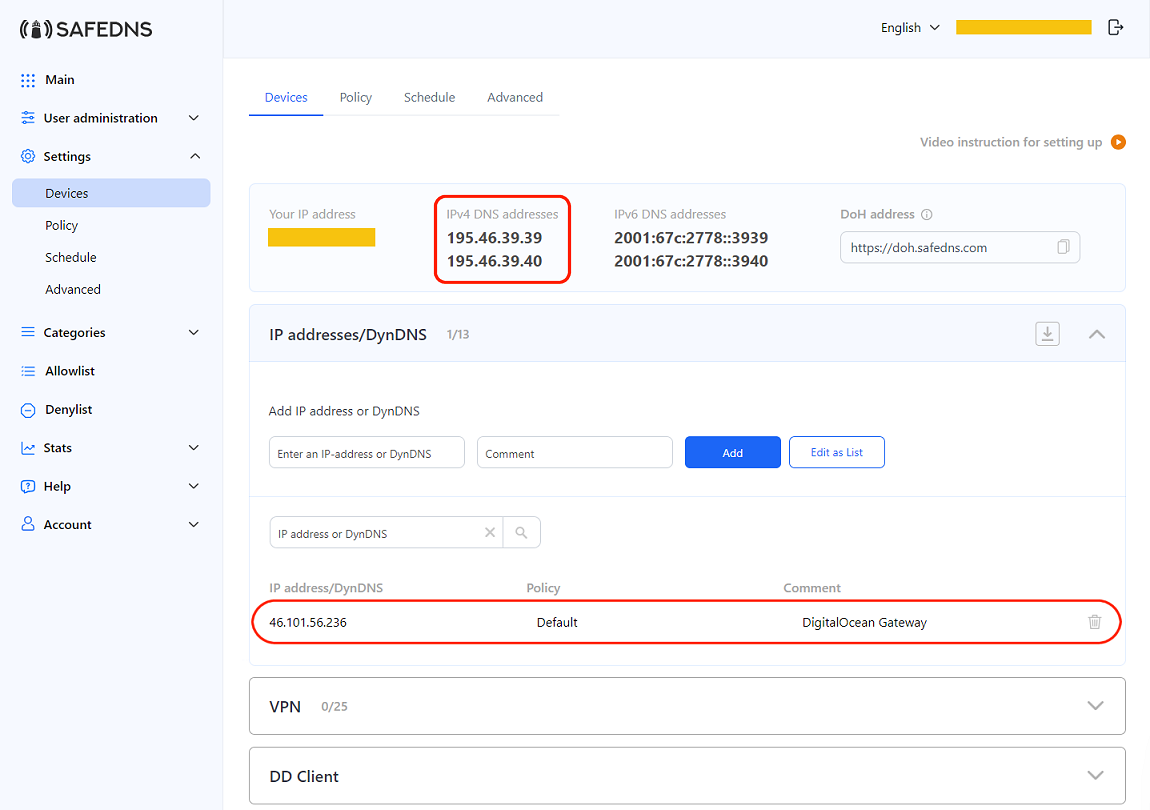 Setup SafeDNS